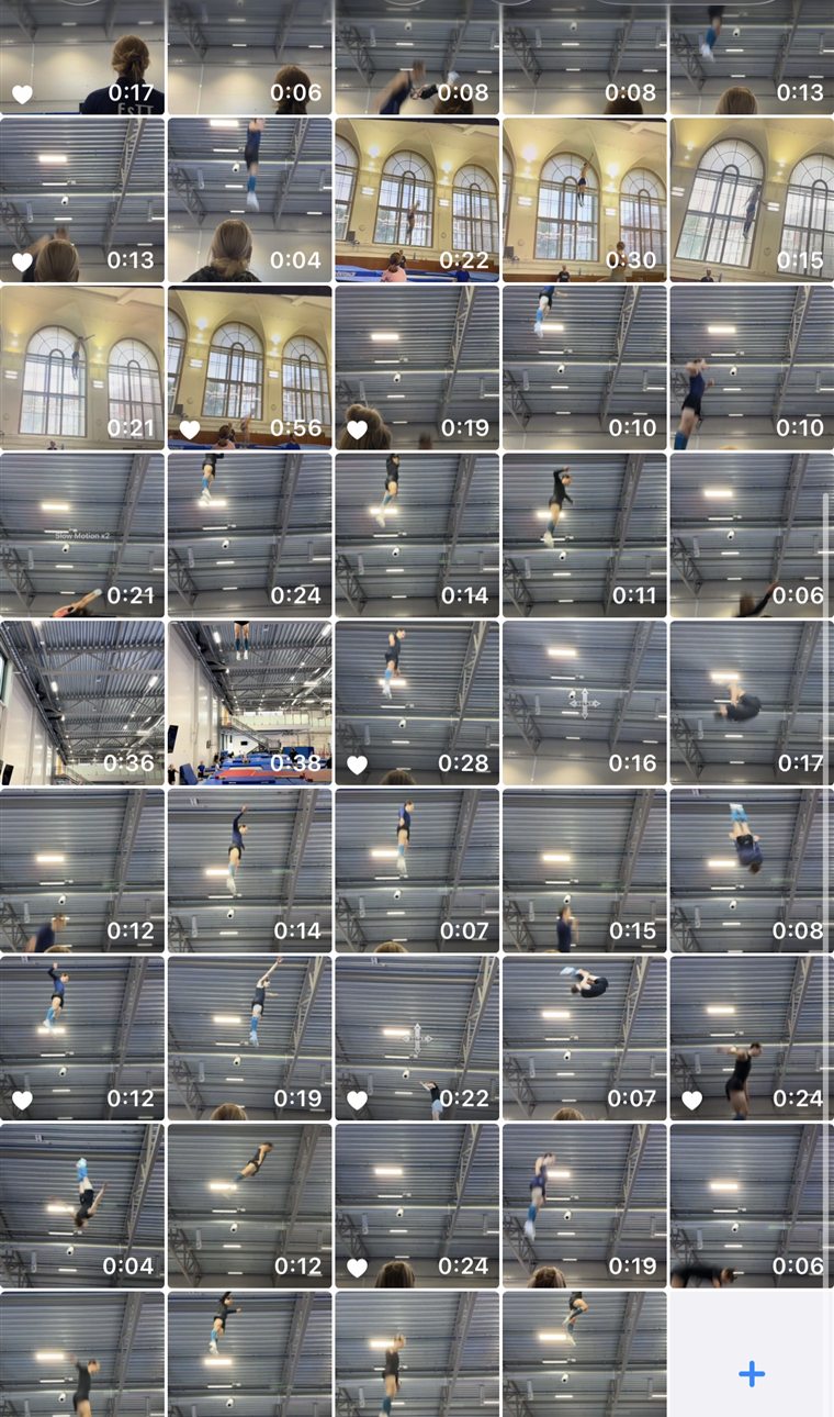 A phone camera roll full of untagged trampoline training videos